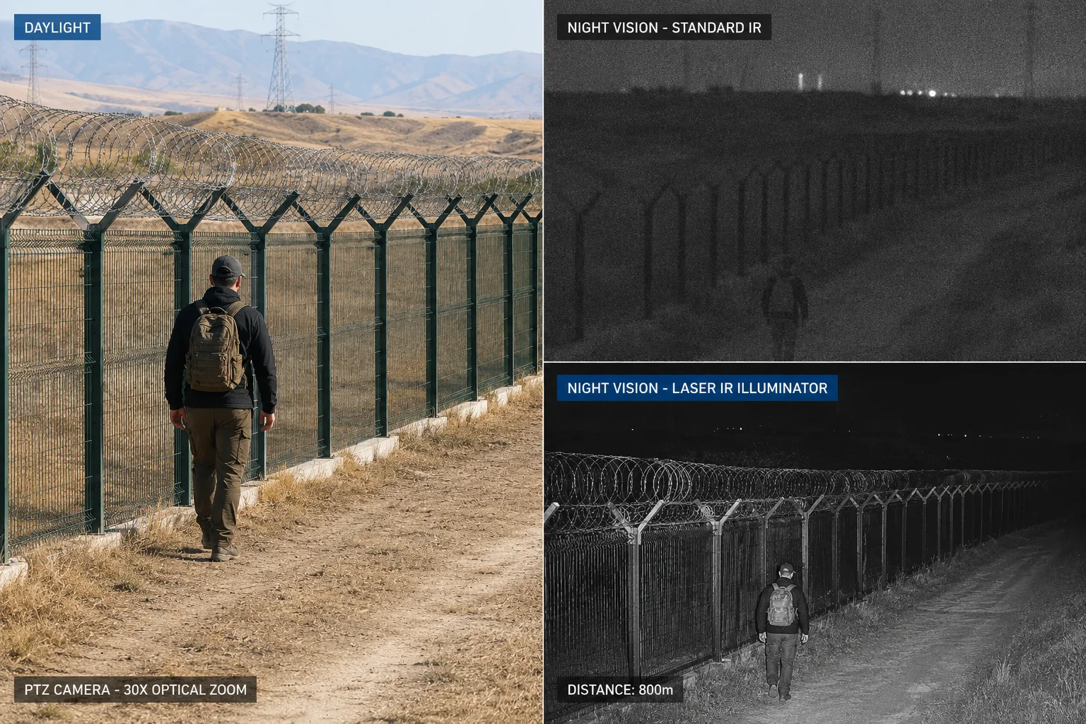 Comparación de la distancia de activación de la cámara PTZ: día vs. modo IR vs. modo láser