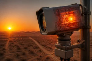 Une caméra de surveillance montée sur un poteau avec une lumière rouge clignotante, sur fond de paysage désertique au coucher du soleil.