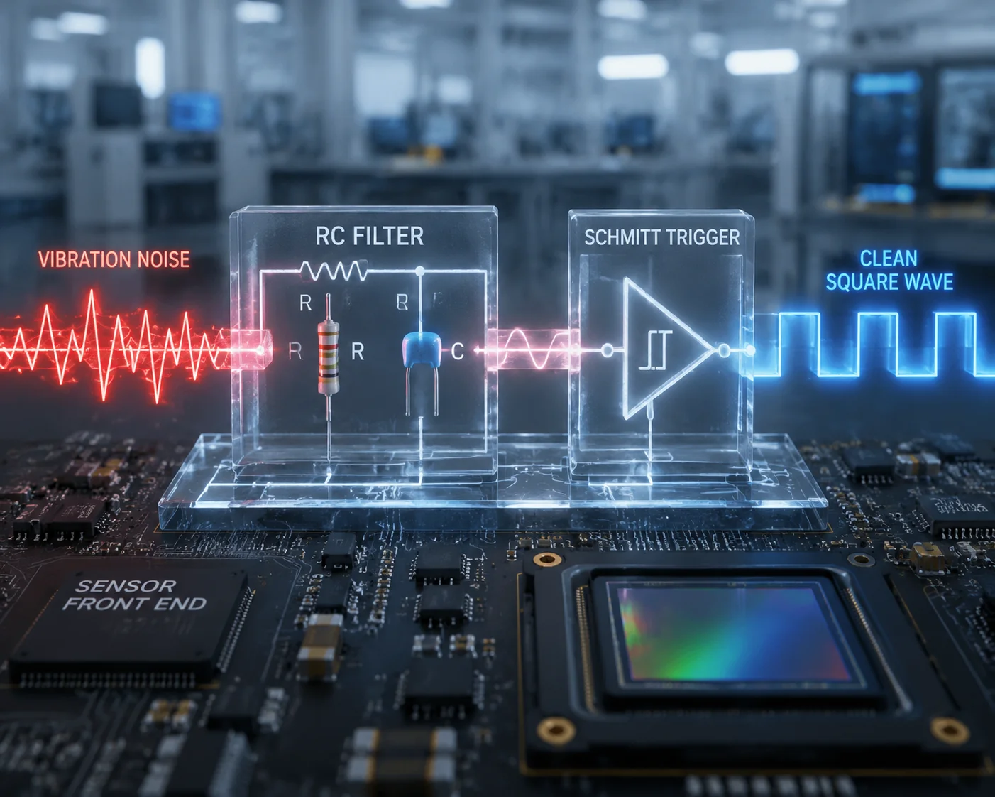 Circuito de debounce RC filtrando sinais falsos de SIM removido em câmera industrial