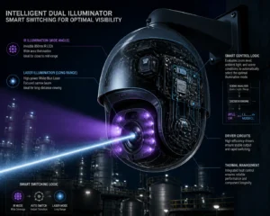 Une caméra de surveillance dotée d'une technologie d'illuminateur double intelligente avec éclairage IR et laser. Elle met en évidence la commutation intelligente, la gestion thermique, les circuits de commande et la logique de contrôle pour une visibilité optimale.
