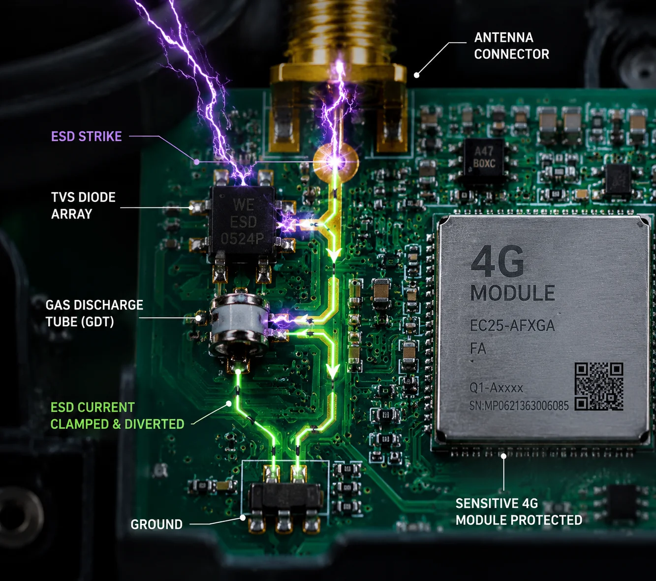 PCB-level TVS diode ESD protection near SMA antenna connector