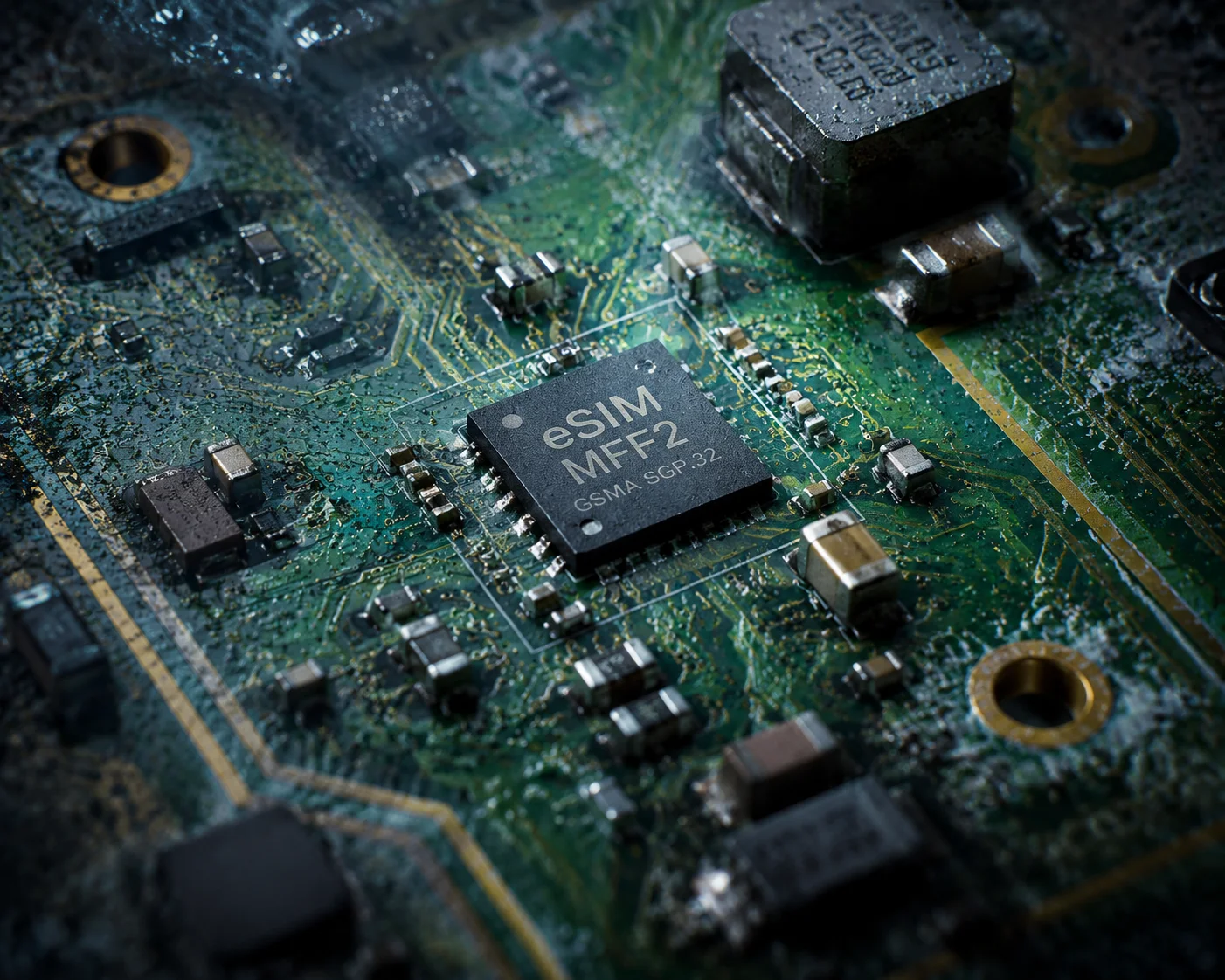 Chip eSIM MFF2 soldado na PCB da câmera PTZ