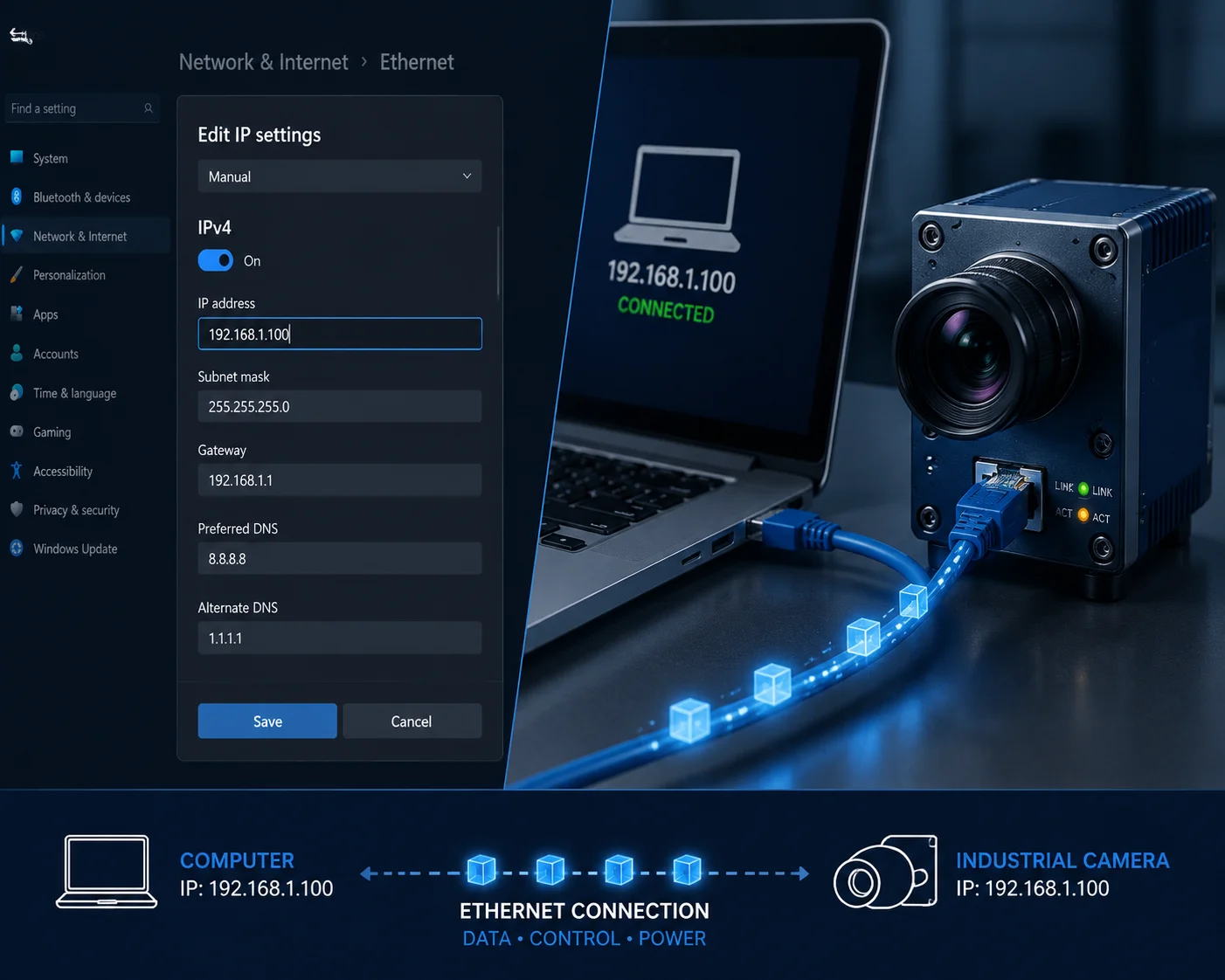 Configuring static IP address on laptop for camera connection