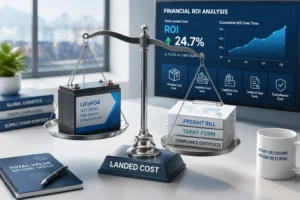 A balanced scale showing a LiFePO4 battery and stacked freight-related documents, with financial ROI analysis displayed on a screen in a logistics office.