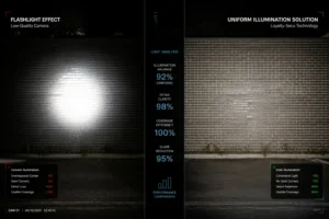 Comparaison côte à côte des effets d'éclairage sur un mur de briques : éclairage inégal de type lampe de poche contre solution d'éclairage uniforme avec analyse des performances.