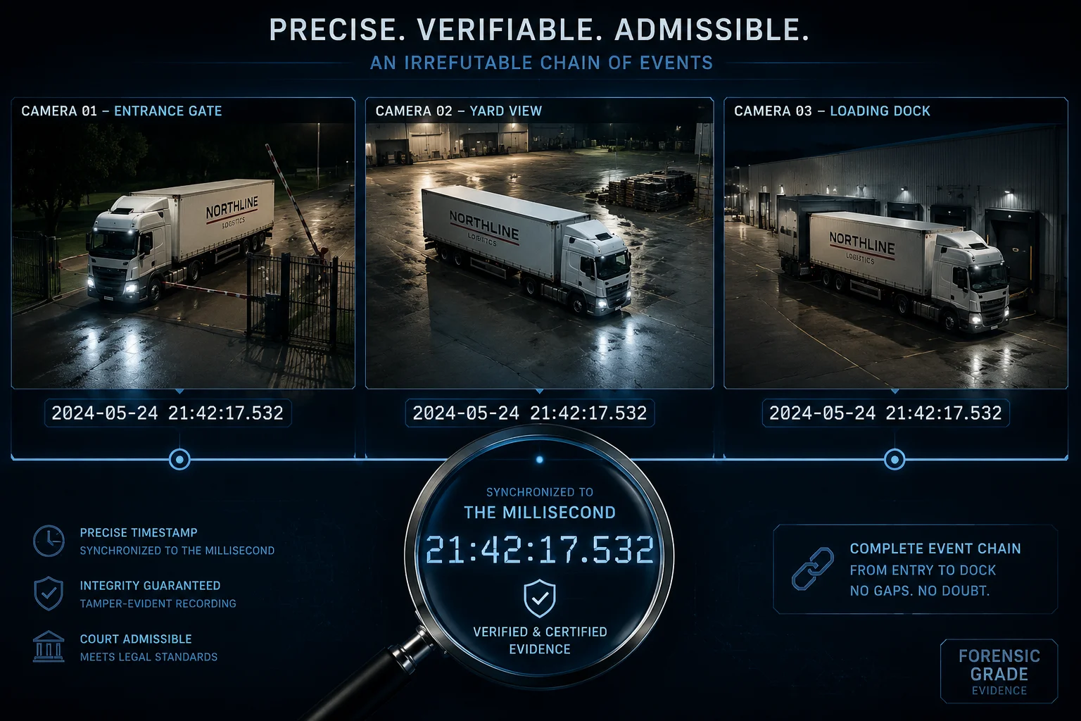 Linha do tempo forense com várias câmeras e carimbos de data/hora sincronizados