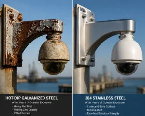Comparaison côte à côte des supports de caméra : un support en acier galvanisé à chaud rouillé et corrodé et un support propre et intact en acier inoxydable 304 après des années dans un environnement côtier.