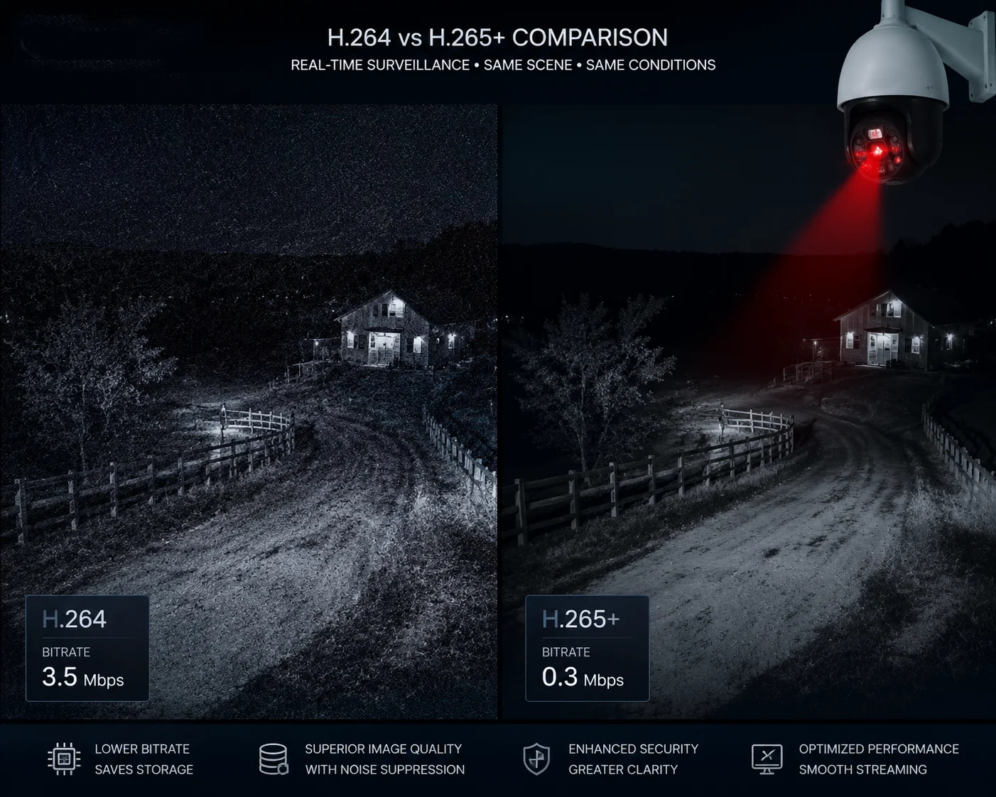 H.265+ menor tasa de bits durante la supresión de ruido de monitoreo nocturno