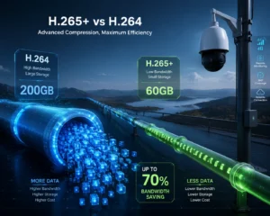 Image comparative illustrant les codecs vidéo H.265+ et H.264, mettant en évidence l'efficacité du stockage et l'utilisation de la bande passante avec une caméra de sécurité et un pipeline de données numériques.