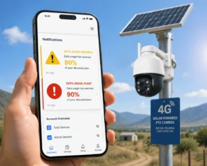 Main tenant un smartphone affichant des alertes d'utilisation de données à côté d'une caméra de sécurité 4G solaire à l'extérieur.
