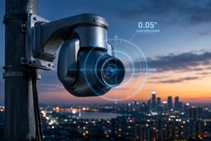 A high-precision security camera mounted on a pole, featuring futuristic targeting overlays, with a cityscape at dusk in the background.