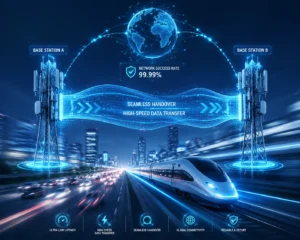 Futuristic high-speed train with data transfer visuals, showing seamless handover between two base stations in a cityscape.