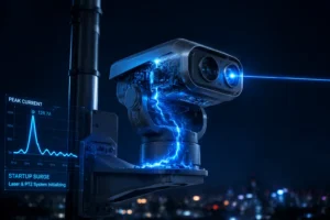 A futuristic security camera with detailed circuitry and glowing blue laser illuminating the lens. It shows a peak current graph and initialization data.