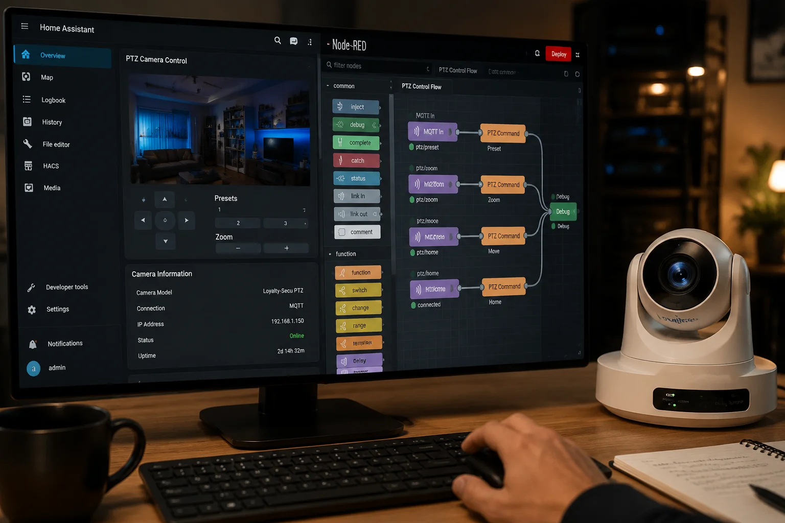 PTZ camera integrated with Home Assistant and Node-RED via MQTT