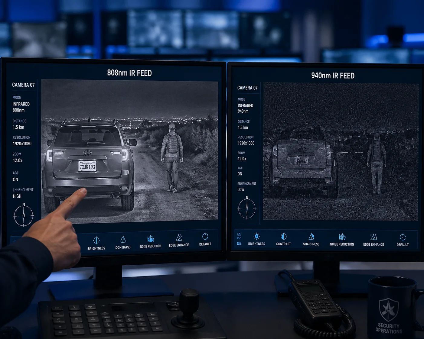 Comparaison de la réponse spectrale du capteur de caméra 808 nm vs 940 nm
