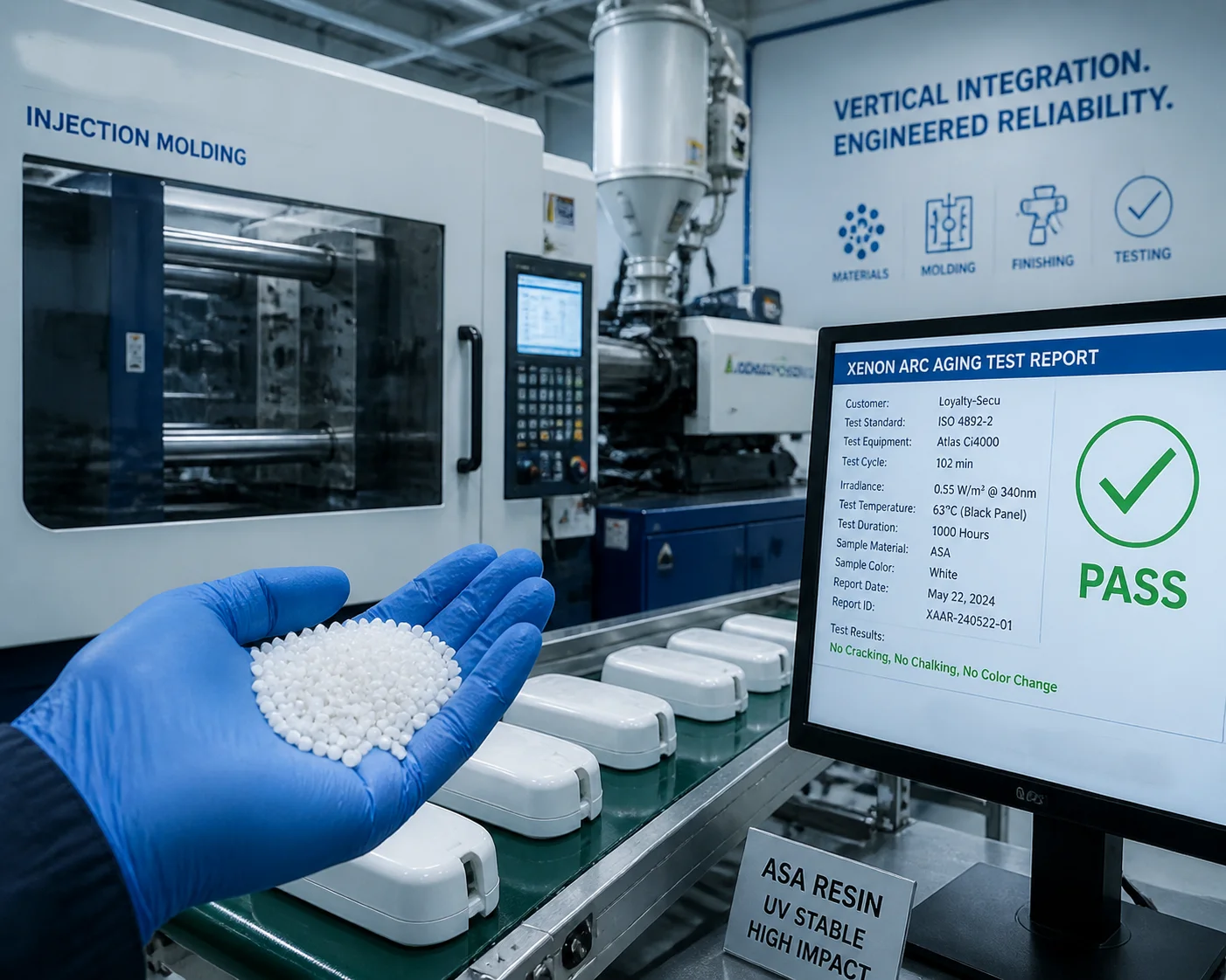 UV-stabilized ASA material pellets and injection molding for radome