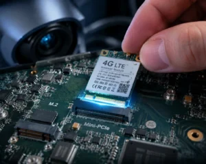 A close-up of a hand inserting a 4G LTE wireless module into an electronic circuit board, highlighting the M.2 and Mini-PCIe slots.