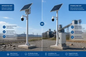 Side-by-side comparison of integrated and standalone solar security units, featuring solar panels, mounted cameras, and battery options.