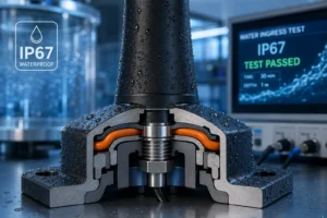 Close-up of a mechanical component designed for IP67 waterproof rating, with water droplets on its surface and a testing screen in the background.