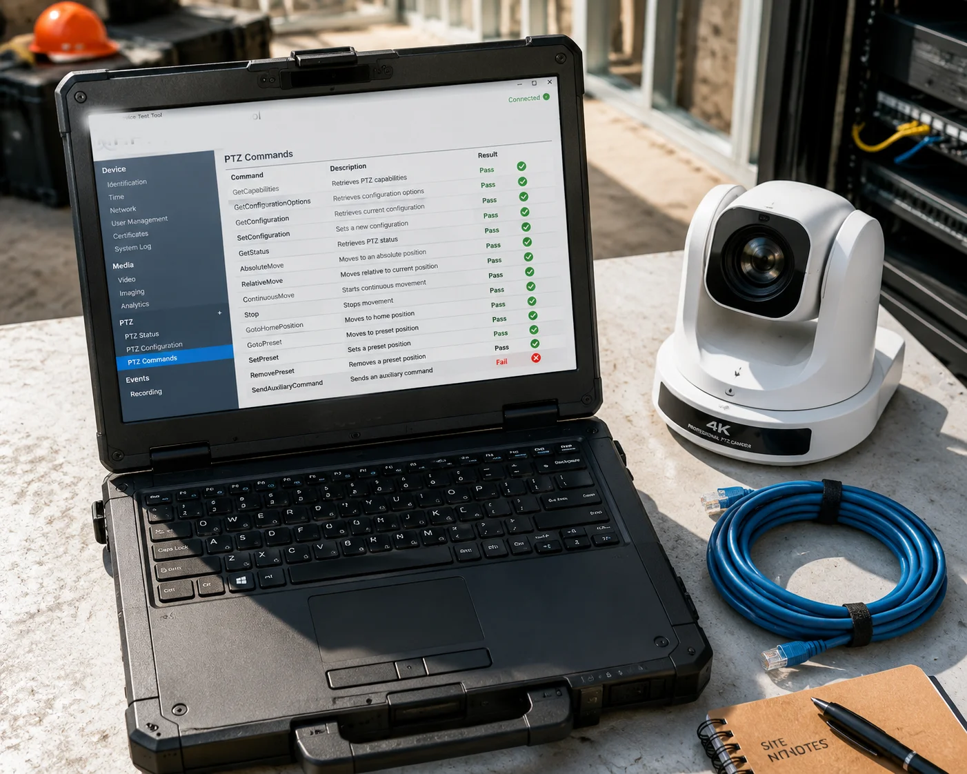 ONVIF Device Test Tool che acquisisce i log dei comandi PTZ per l'analisi di fabbrica