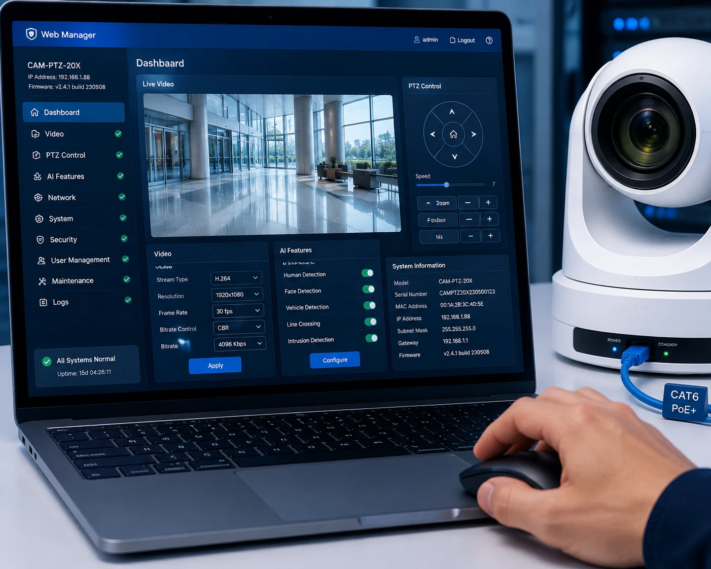 Direct LAN cable connection to PTZ camera RJ45 port