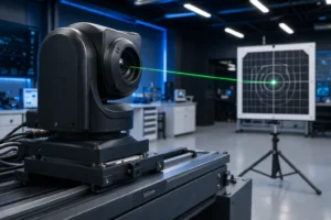 A precision laser measurement device emitting a green beam toward a calibrated grid in a high-tech laboratory environment.