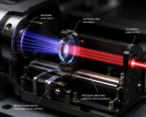 Gros plan d'un système d'optique laser de précision présentant des composants étiquetés, notamment une lentille divergente, une sortie laser collimatée, un rail linéaire et un moteur pas à pas.