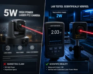 Comparaison en écran partagé d'une caméra PTZ laser 5W, de sa revendication marketing par rapport à sa sortie scientifiquement vérifiée de 2W mesurée avec un photomètre laser calibré.