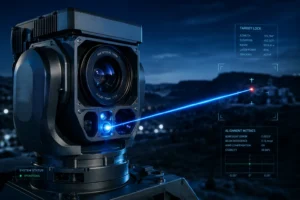 Système de ciblage laser de haute technologie avec caméra optique, faisceau laser bleu dirigé sur un fond de paysage, avec superposition d'indicateurs d'interface numérique.