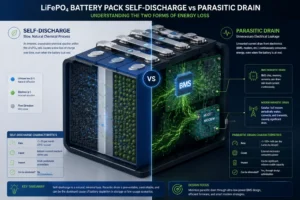Detailed comparison of self-discharge and parasitic drain in LiFePO4 battery packs, highlighting energy loss processes and solutions.