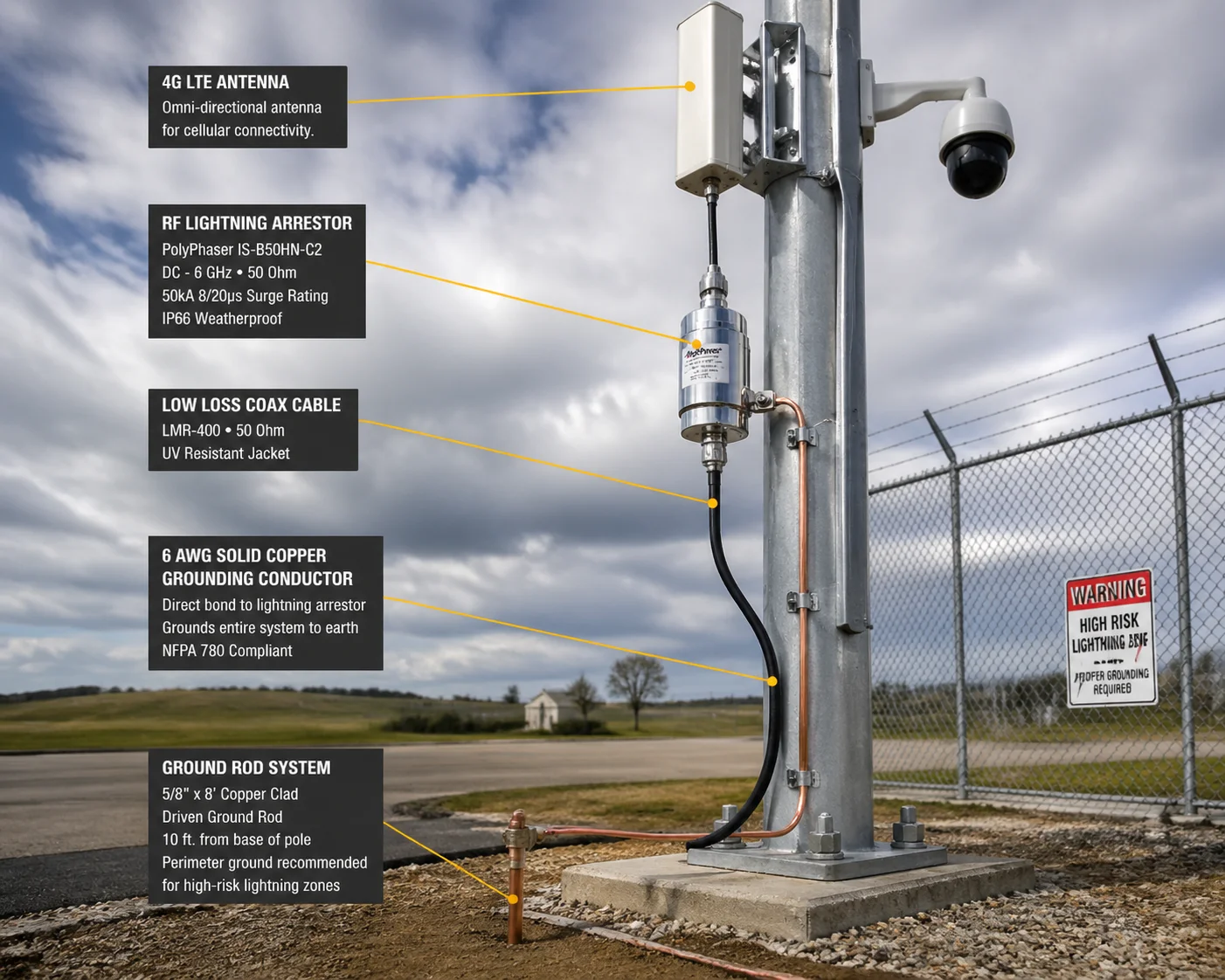 External lightning arrestor for 4G antenna on surveillance pole