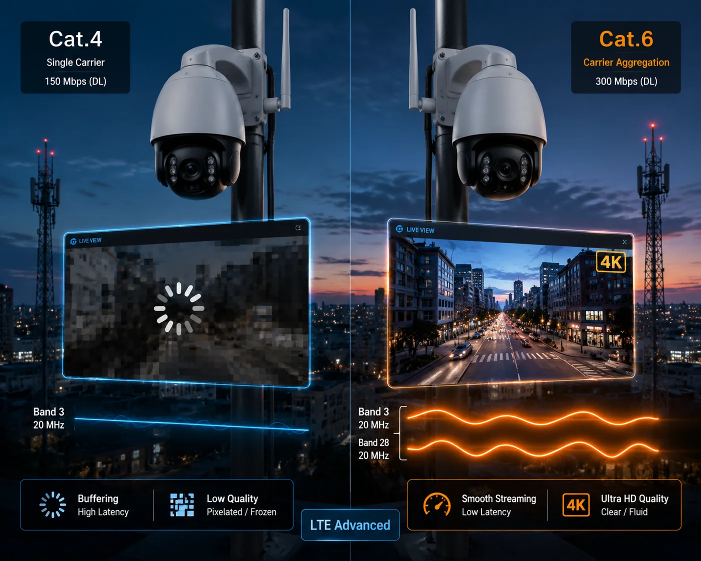 Cat4 vs Cat6 carrier aggregation PTZ camera stability comparison