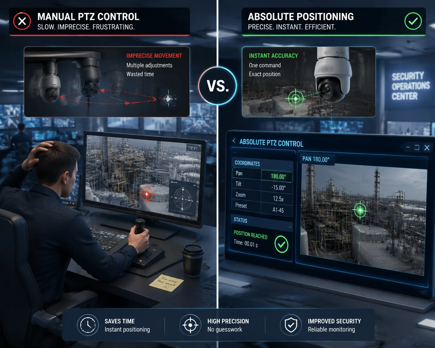 Controle de posicionamento absoluto de câmeras PTZ vs. movimento relativo
