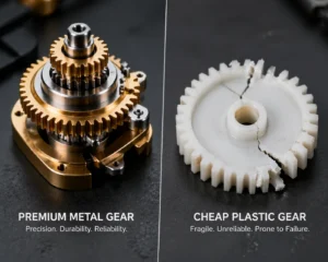 Side-by-side comparison showing a durable premium metal gear on the left and a cracked cheap plastic gear on the right, emphasizing quality differences.