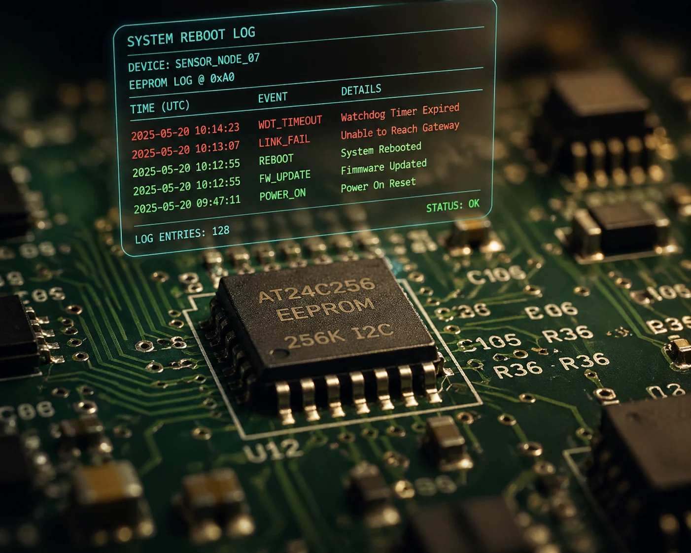 Watchdog reboot log EEPROM maintenance report