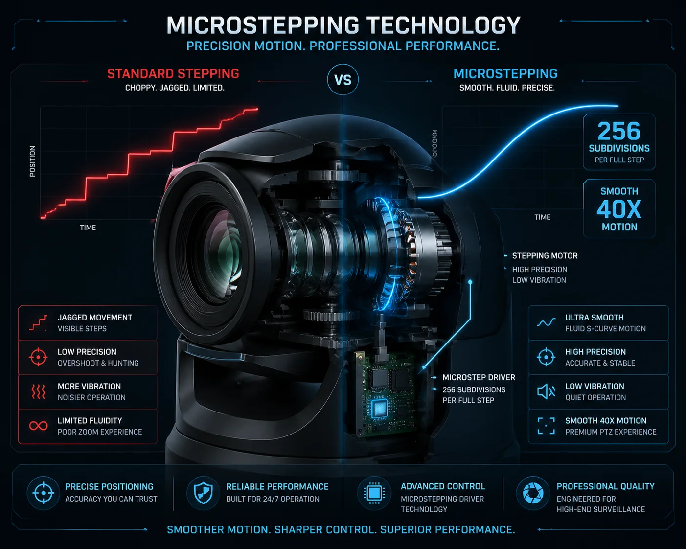 PTZ camera stepping motor smooth motion at 40X zoom