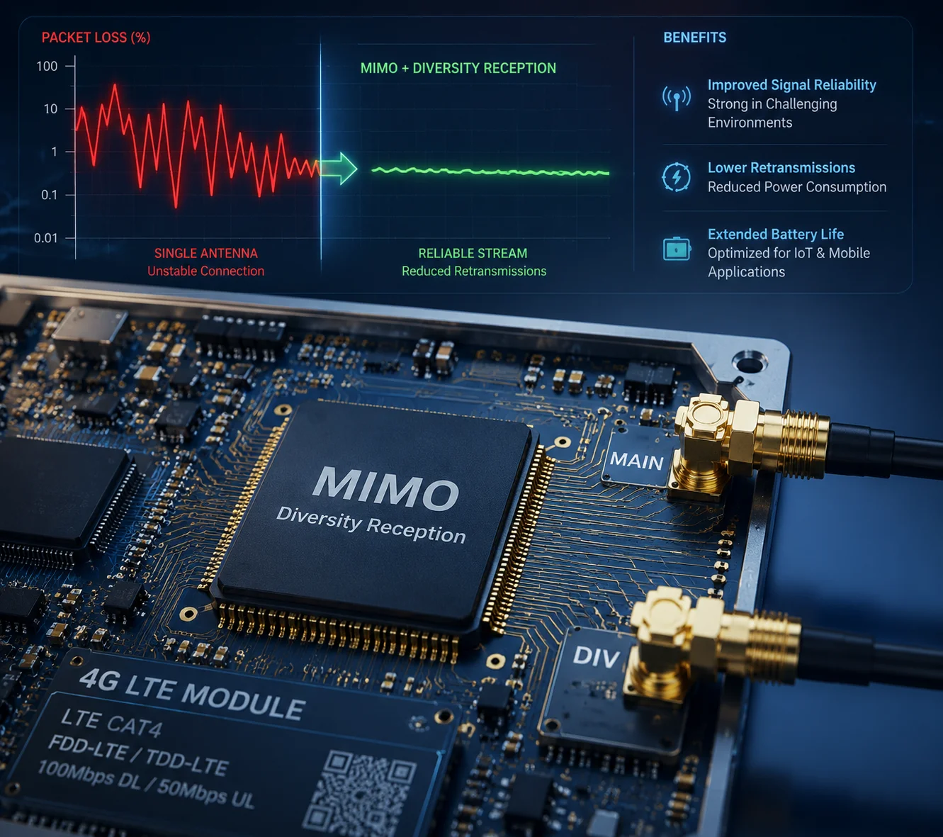 4G module diversity reception reducing packet loss