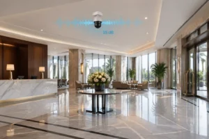 Elegant hotel lobby with marble flooring, a central flower arrangement, reception desk, seating areas, and a security camera displaying sound detection at 35 dB.