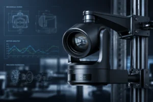 Close-up of a modern PTZ (pan-tilt-zoom) camera mounted on a bracket with a background of architectural drawings and motion graphs, signifying precision engineering.