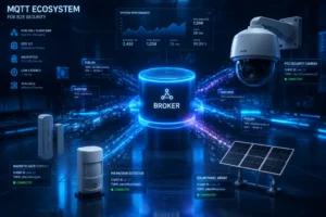 MQTT-based ecosystem for B2B security showing connected devices like a security camera, magnetic gate contact, motion detector, and solar panel array with a centralized broker. System statistics and performance data are displayed.