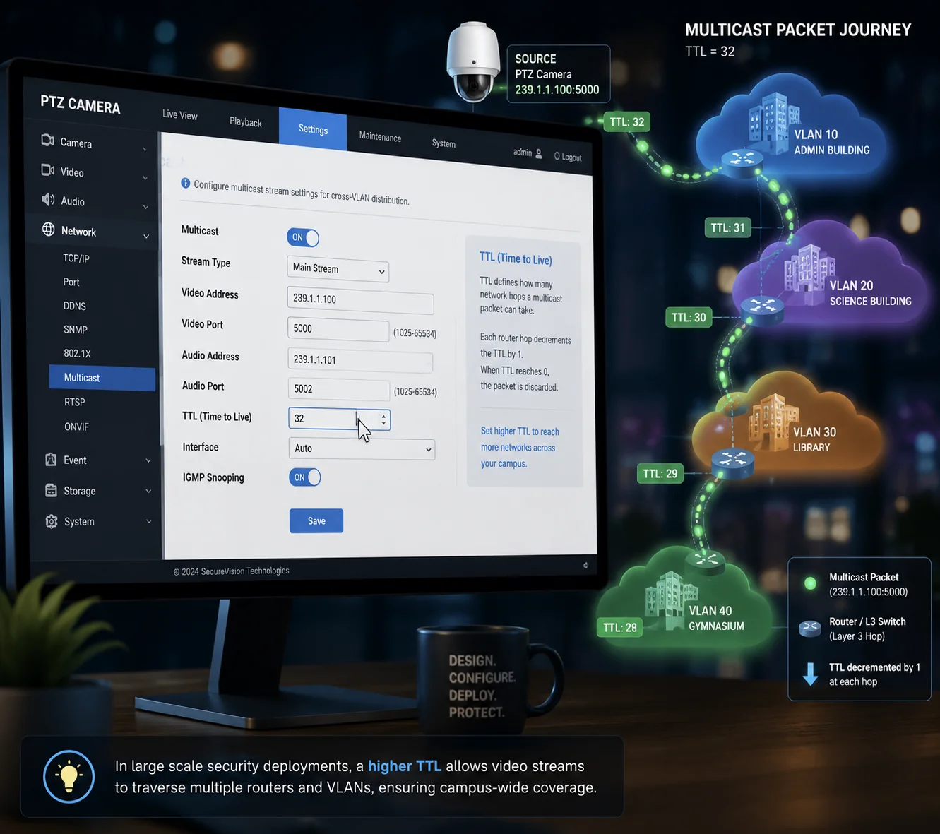 IP di gruppo Multicast TTL configurazione cross VLAN telecamera PTZ