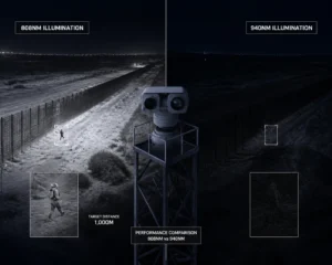 Comparison of night vision illumination at 808nm and 940nm wavelengths with a surveillance camera overlooking a fence, highlighting differences in visibility over a 1,000m target distance.