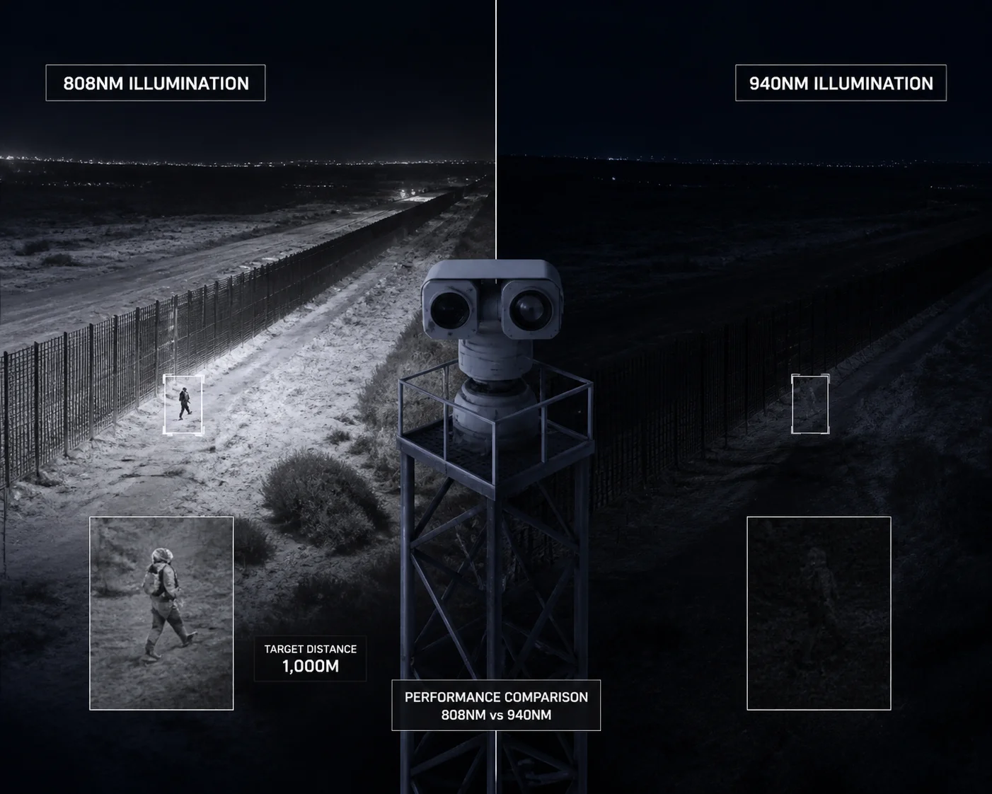 Comparaison des longueurs d'onde laser 808 nm vs 940 nm pour caméra PTZ de surveillance frontalière