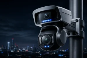 Caméra de surveillance de vision nocturne de haute technologie montée sur un poteau avec une ligne d'horizon de ville floue en arrière-plan, mettant en valeur son design futuriste.