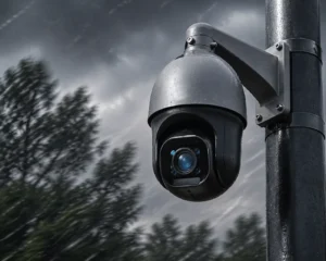 A modern, dome-style outdoor security camera mounted on a pole, wet from rain, with a cloudy sky and blurred trees in the background.