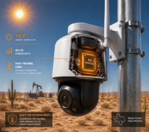 Caméra de sécurité extérieure avec module 4G exposé pour un fonctionnement à forte charge thermique dans le désert texan avec pompe à huile et cactus visibles.
