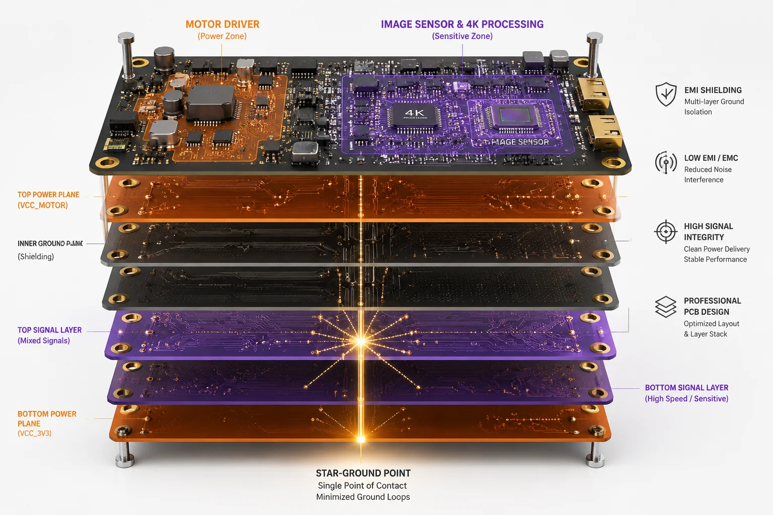 Rieles de alimentación dedicados en la PCB que aíslan los motores del sensor 4K