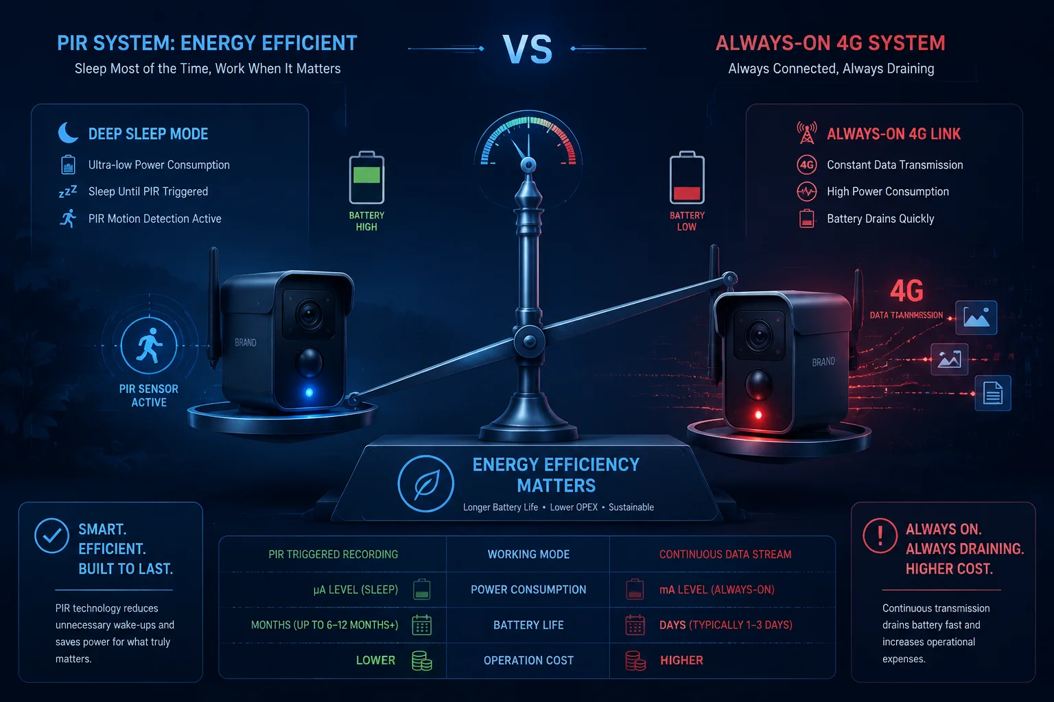 PIR-Stromsparmodus vs. Always-on 4G-Stromvergleich