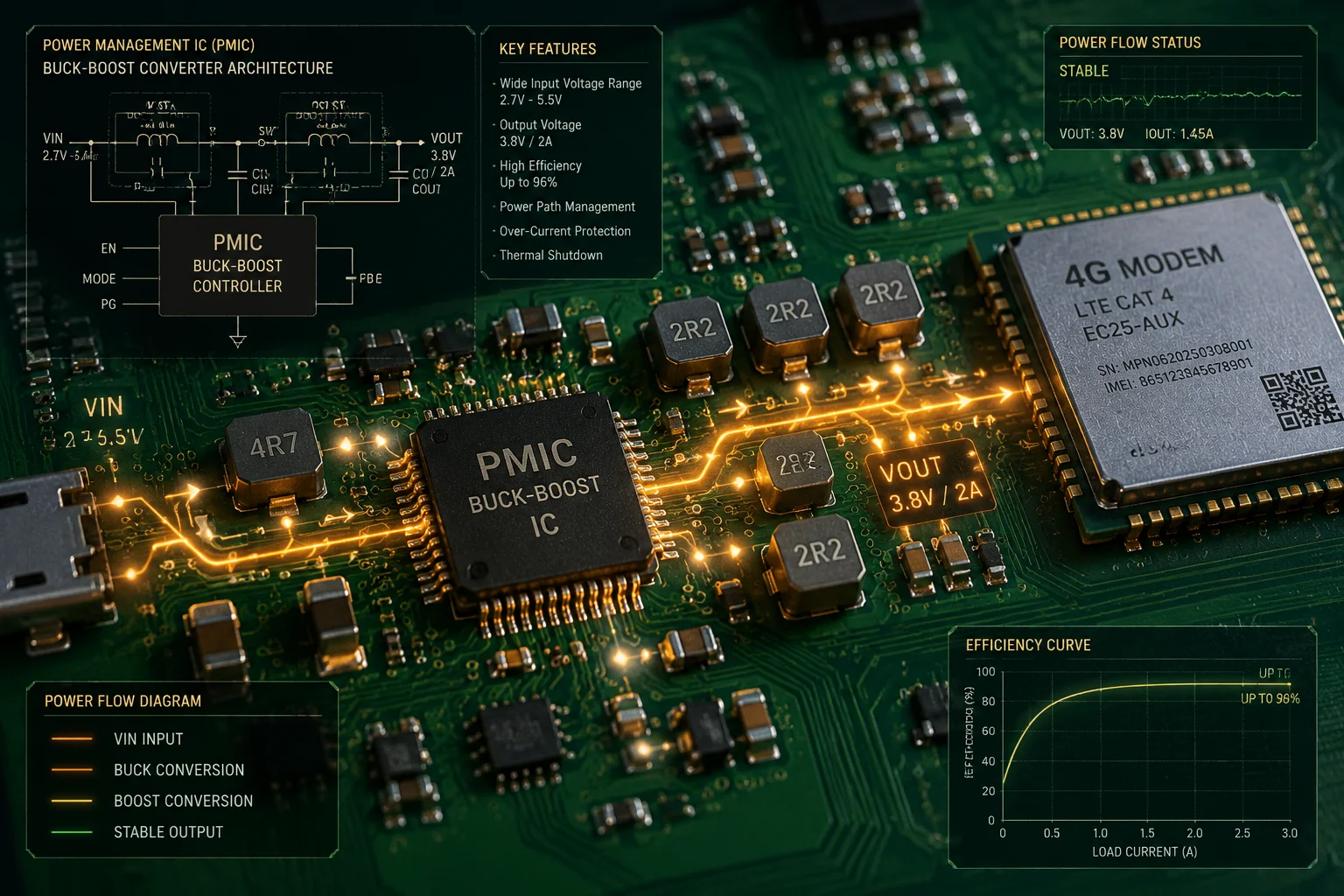 El PMIC estabiliza el voltaje para el módem 4G durante el pico de corriente del motor PTZ