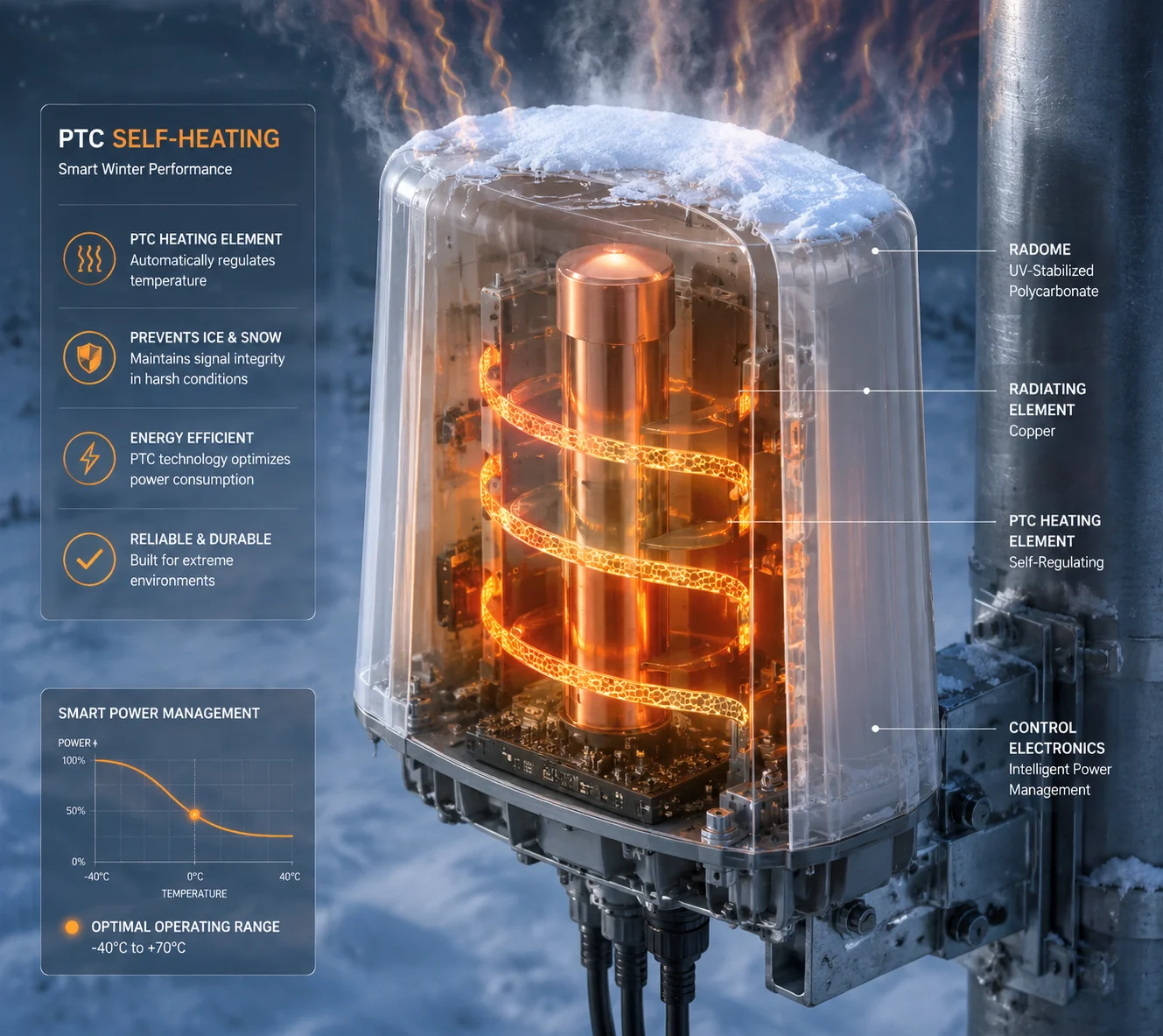 Self-heating antenna with PTC element for winter ice prevention on solar 4G camera